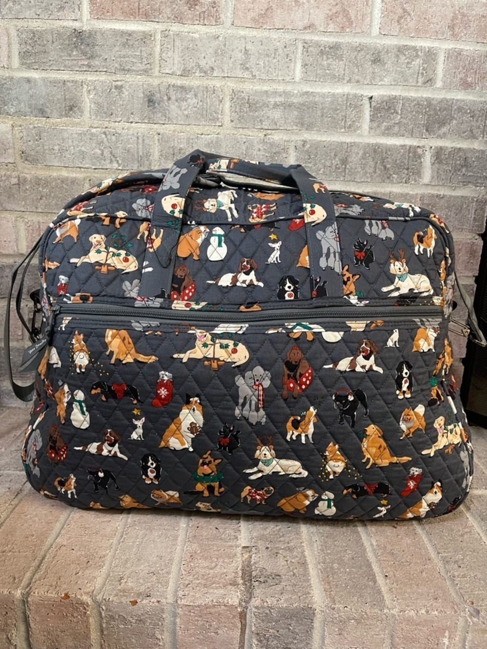 Vera Bradley Quilted Travel Bag in Dark Gray with Multicolor Dog Print